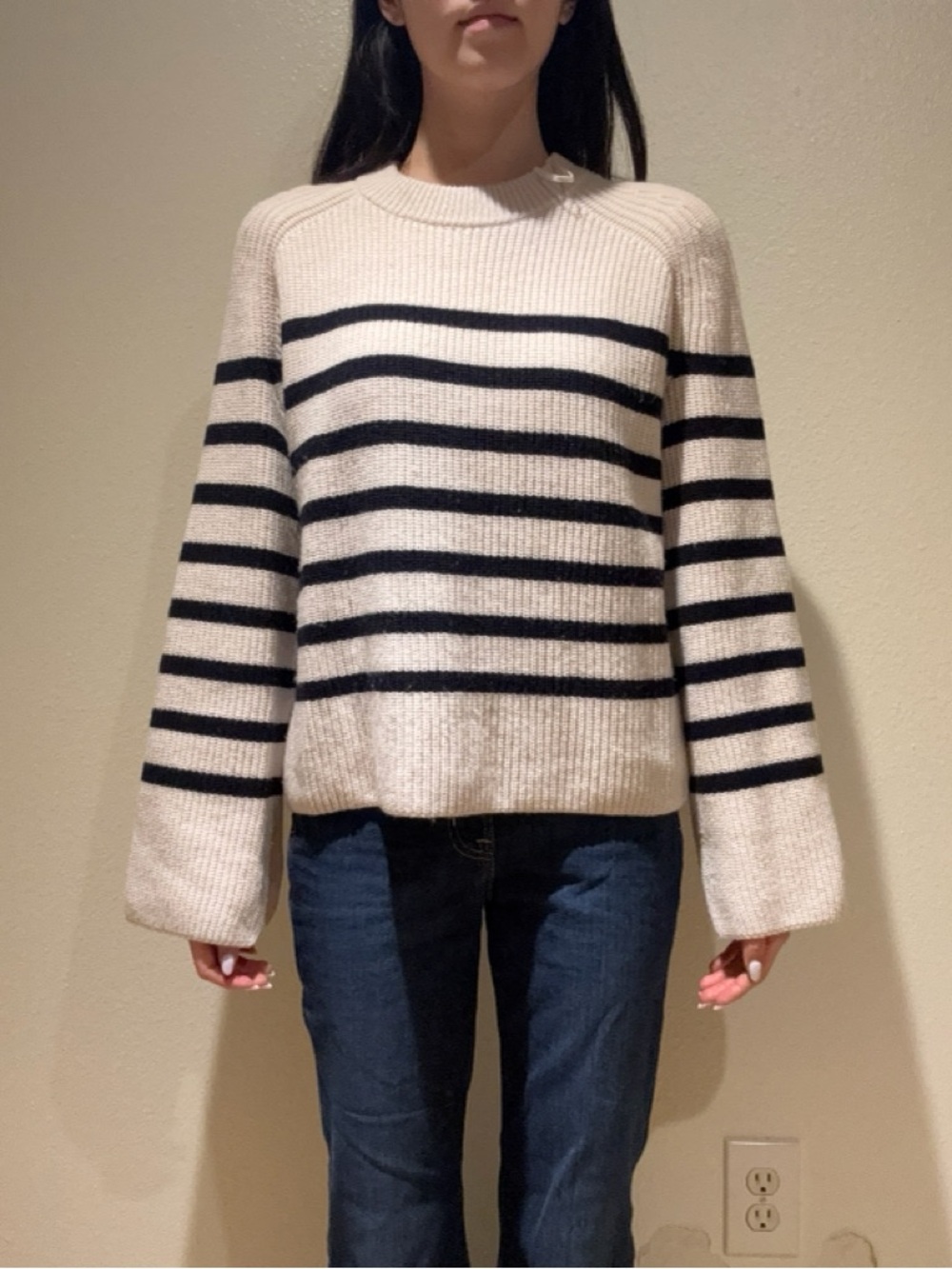 COS Cream and Black Striped Crewneck Sweater